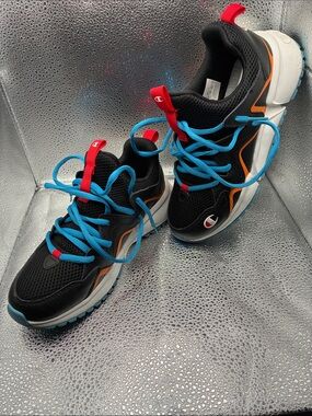 Champion Black Sneakers with Bright Blue Laces & Orange Accents